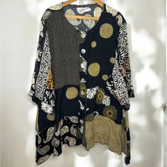 Vintage Eclectic Patchwork Appliqué Mixed Print Shell Button Blouse - Picture 14 of 14